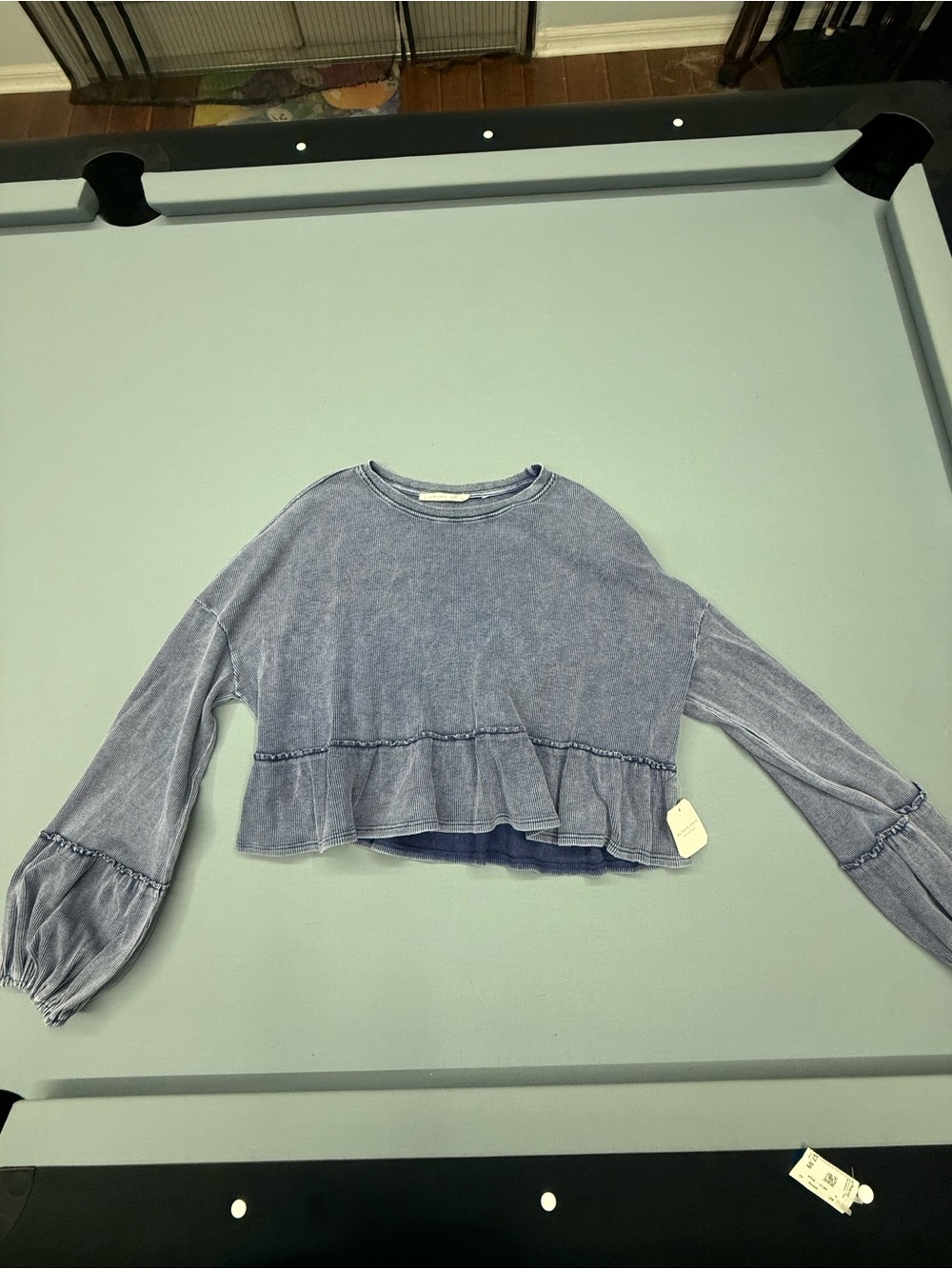 Altar'd State Washed Blue Ruffle-Hem Crop Top